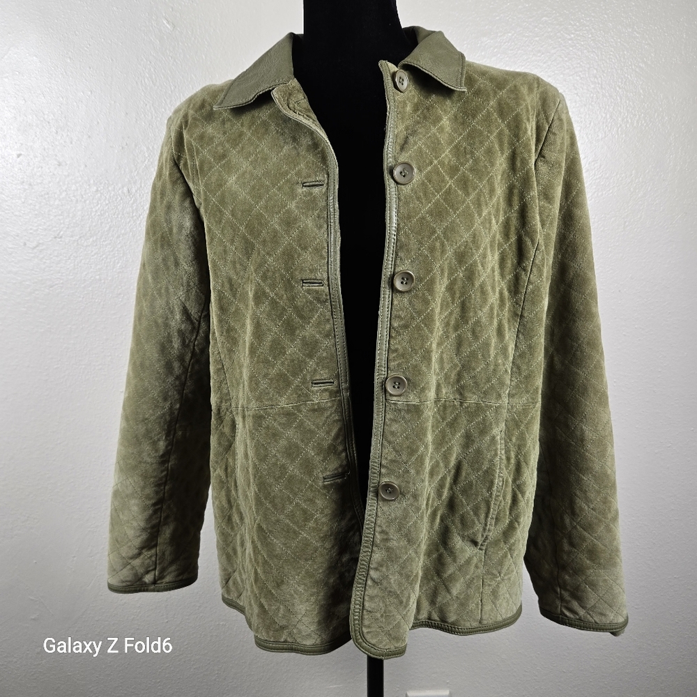 Olive Quilted Genuine Leather Jacket XL Kate Hill Workwear Blazer Vintage 2000s